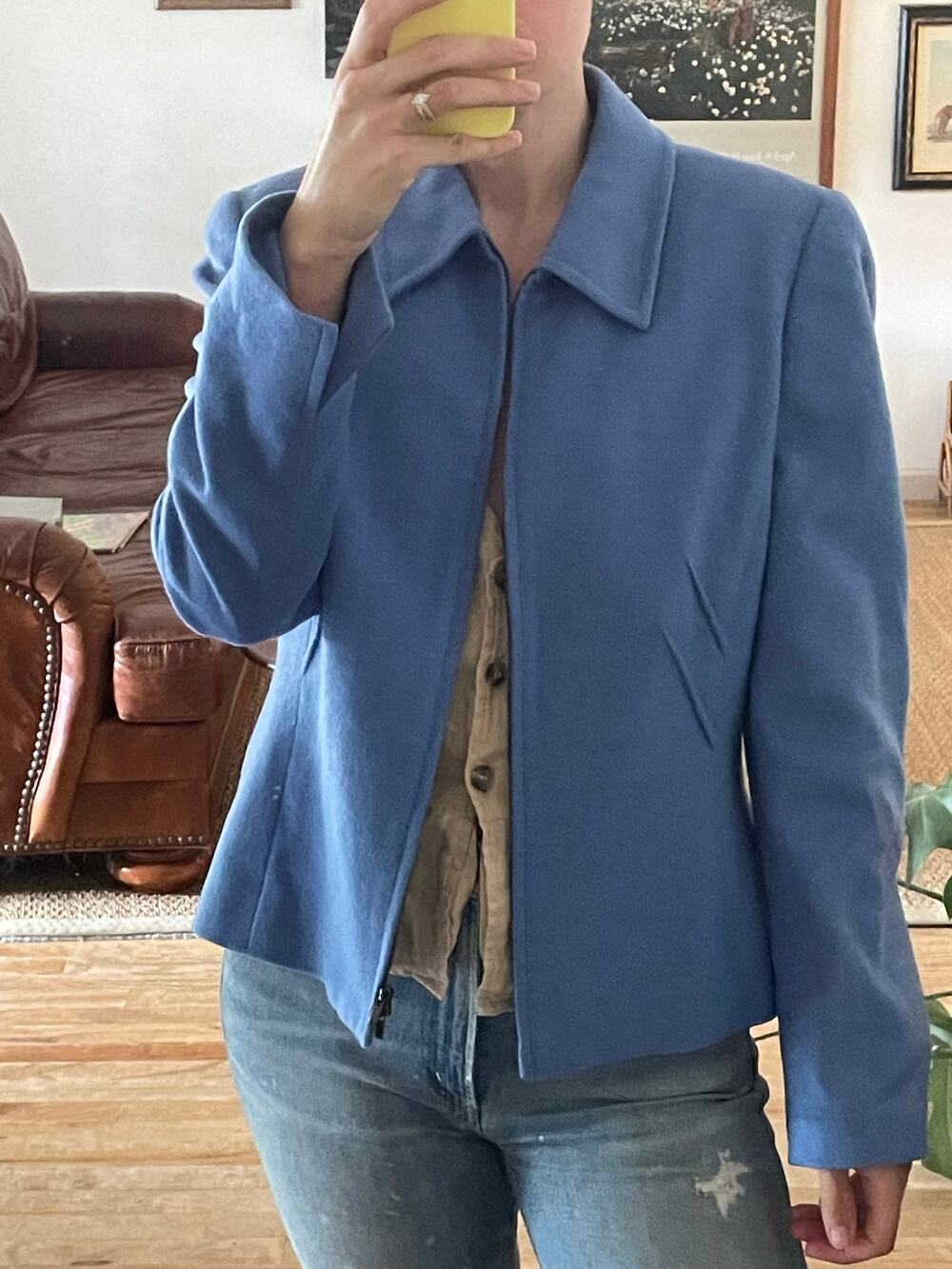 Blue Wool Cashmere Jacket Collared Zip Front